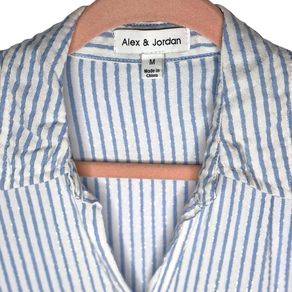 Alex & Jordan Button Down Women M Blue White Striped Lurex Metallic Long Sleeve